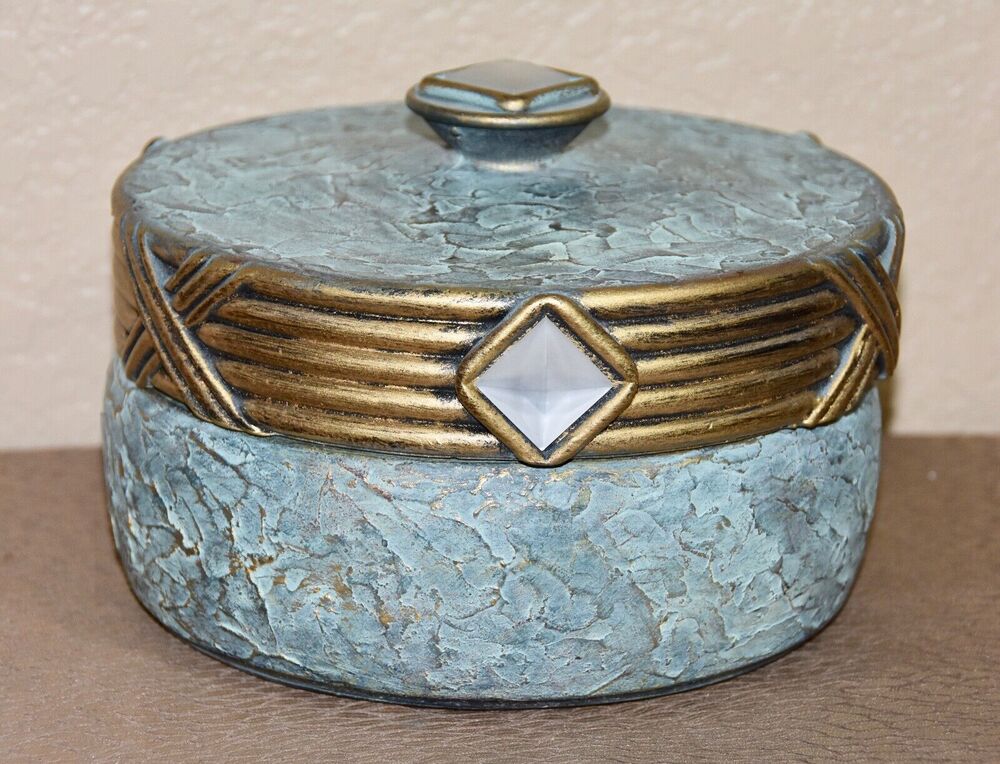 Jaru Designer Art Deco Green and Gold Cast Ceramic Trinket Candy Box